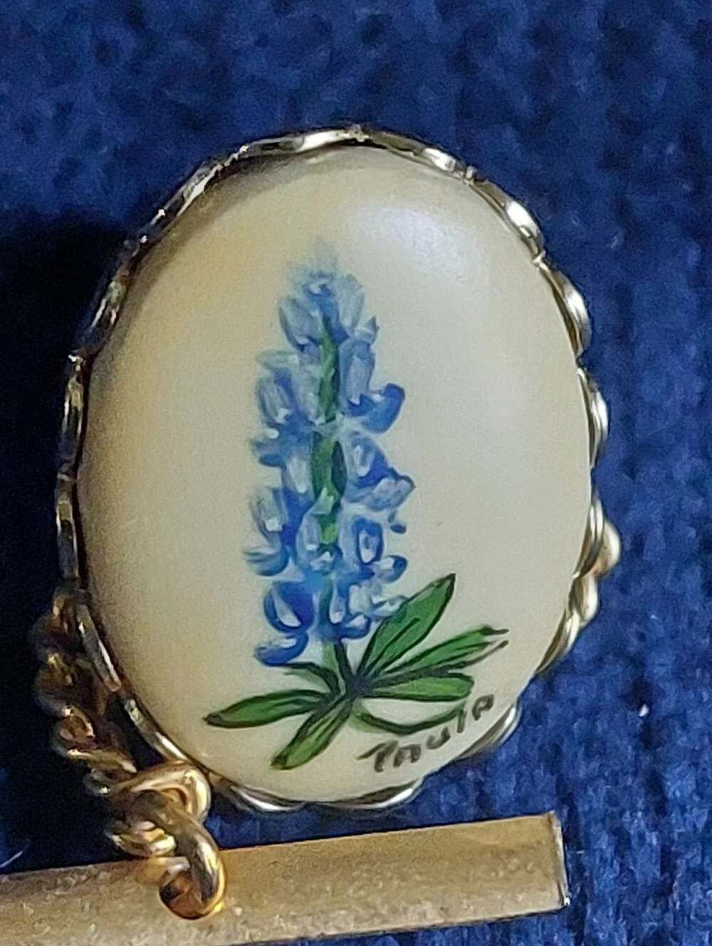 Vintage Signed Paula Hand-Painted Procelain Texas Bluebonnet Tie Tack
